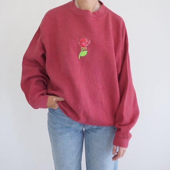 Sweaters - Vintage SPJ Sport Burgundy Rose Embroidered Floral Sweatshirt Minimalist Style L
